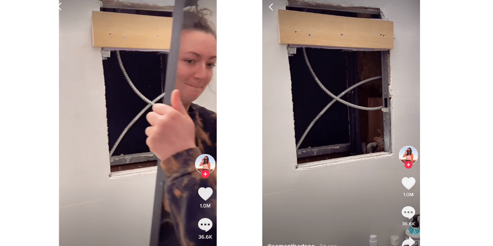  Left, she removes her mirror. Right, what she found behind it. Images from  @samanthartsoe  on TikTok 