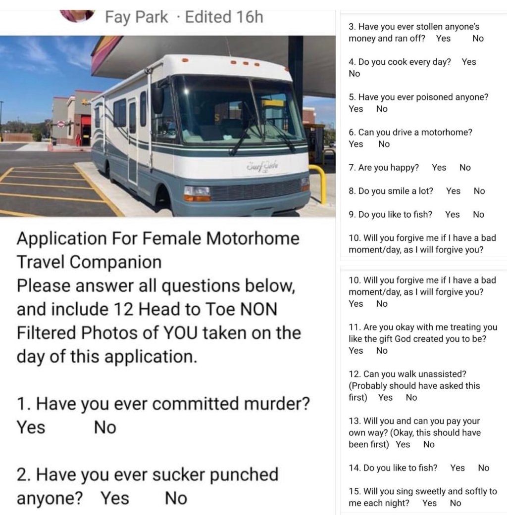 My Application to be a Female Motorhome Travel&nbsp;Companion
